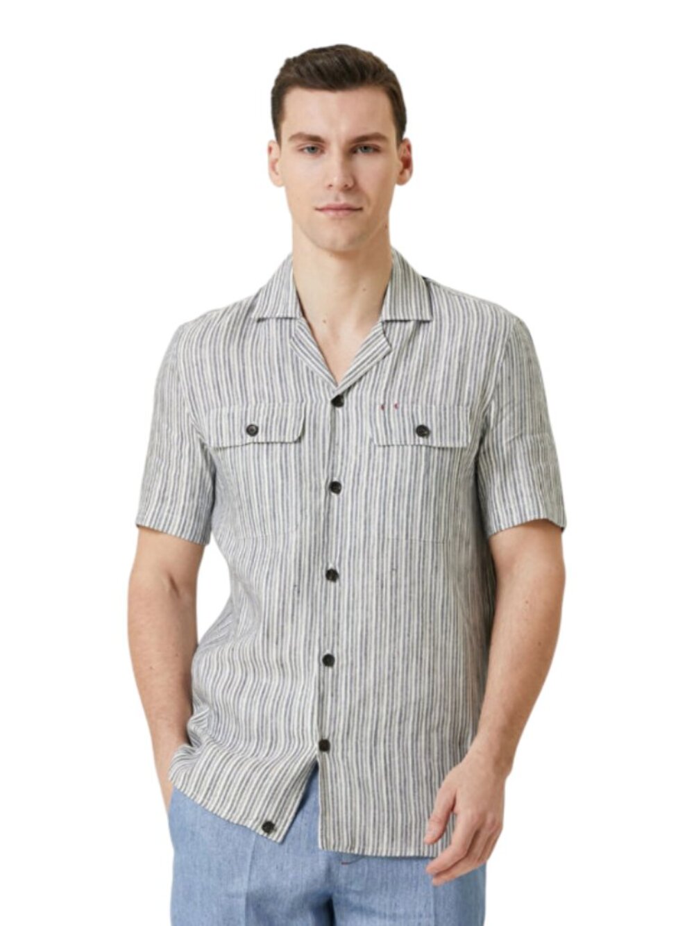 Isaia Stripe Button Down Shirt Mens Large Blue White Linen Cotton Short Sleeve
